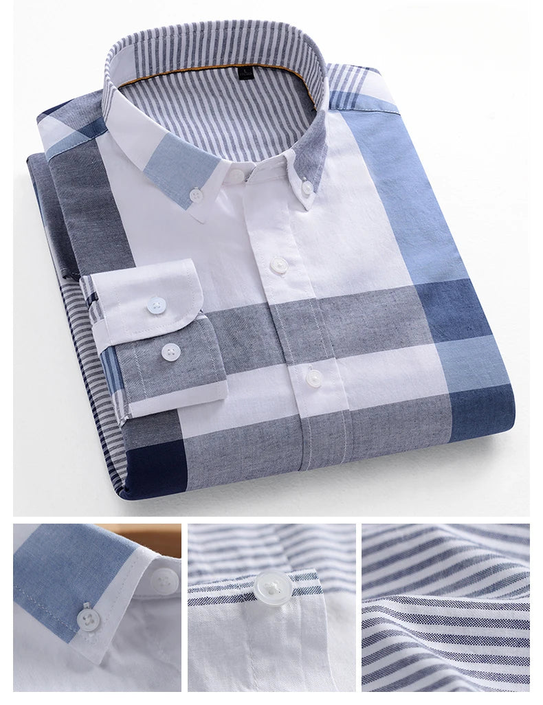 Fashion korean trends casual long-sleeve shirts for men slim fit plain shirt 100%cotton plaid striped tops soft designer clothes