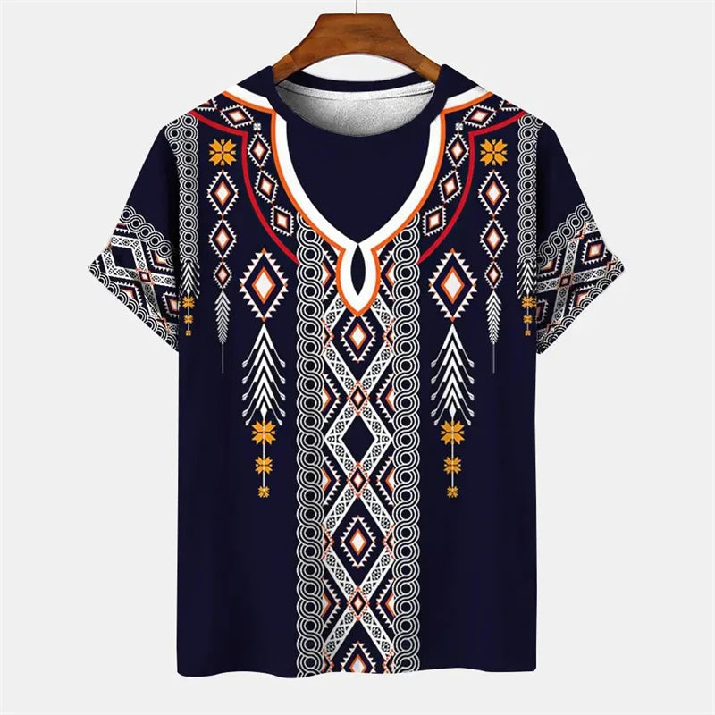 Summer Men's Vintage T-shirt African Tradition Stripe Printed T Shirts Casual O-Neck Short Sleeve Tees Street Fashion Loose Tops