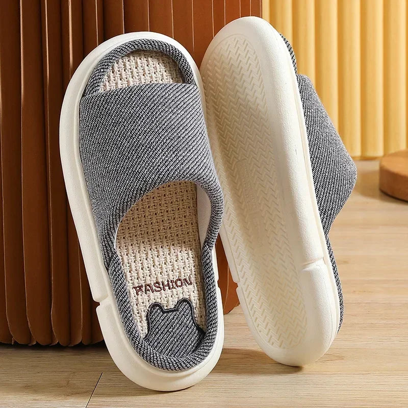 Couples Home Linen Slippers Women Indoor Soft Comfortable Bedroom Slides Men Leisure Non Slip House Shoes Platform Cotton Flats