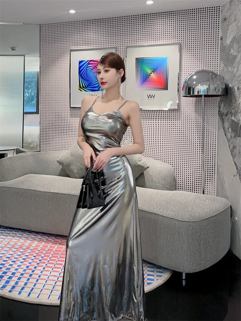 Sexy Style Light Luxury Spicy Girl Liquid Bright Female Korean Indie Style Silver Dress Elegant Party Fashion TemperamentBMI6