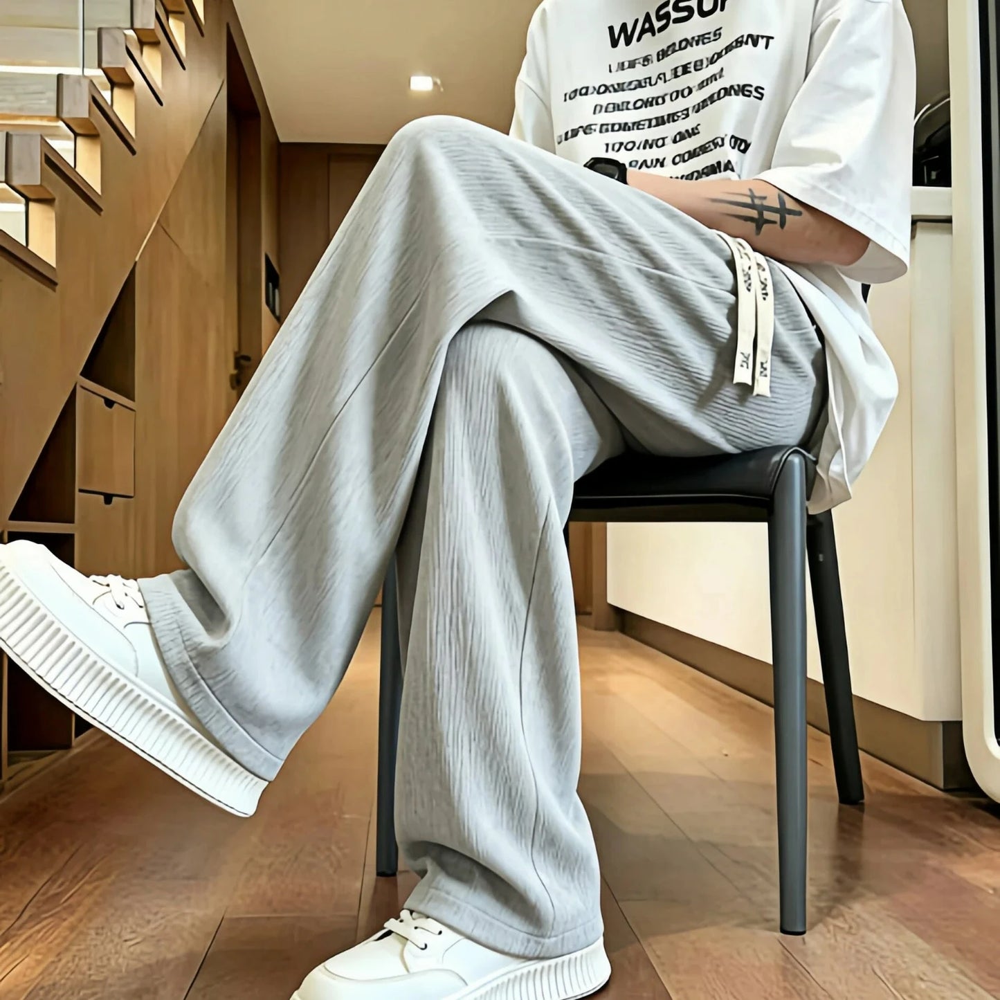 New Mens Wide Leg Pants Summer Loose Textured Casual Trousers Baggy Straight Relaxed Fit Streetwear Comfortable Pants