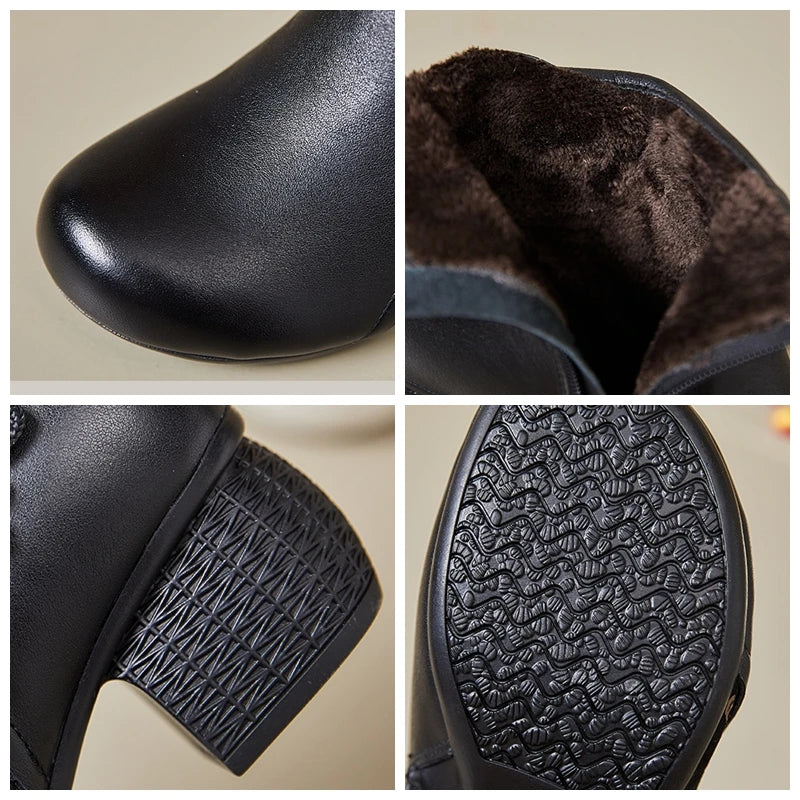 2025 Leather Ankle Boots Women High Heels Black Shoes for Women Handmade Genuine Leather Women Knight Boots Sale