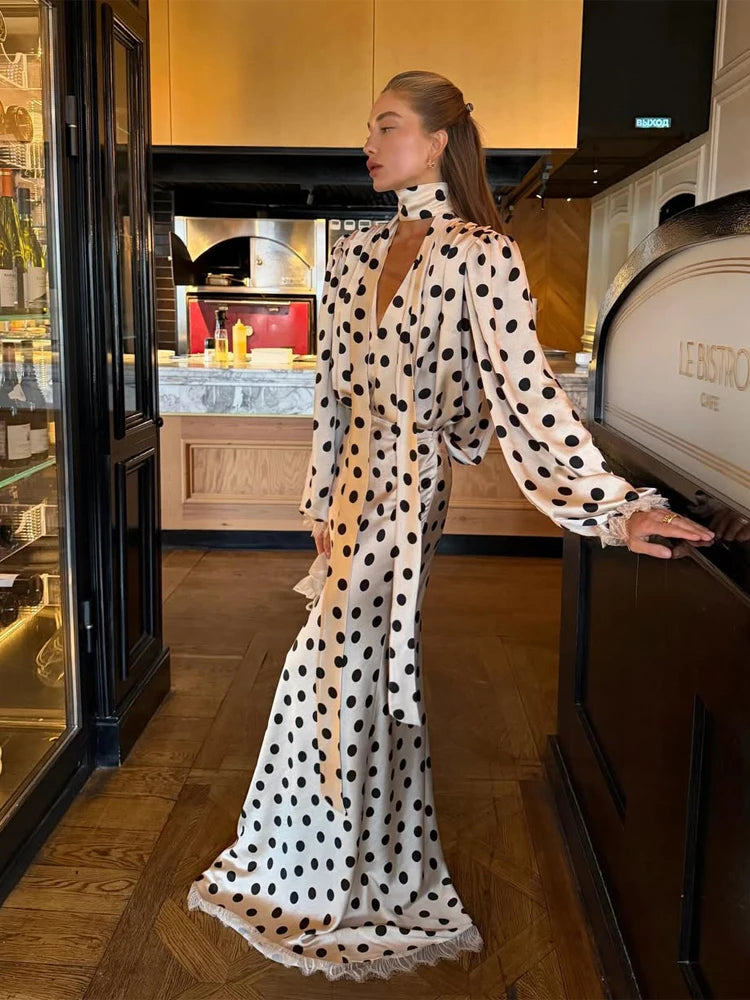 Polka Dot Skirt 2 Piece Set Women Casual High Collar Tie Full Sleeves Elastic High Waist Long Skirt Suit Lady Daily Outfit New