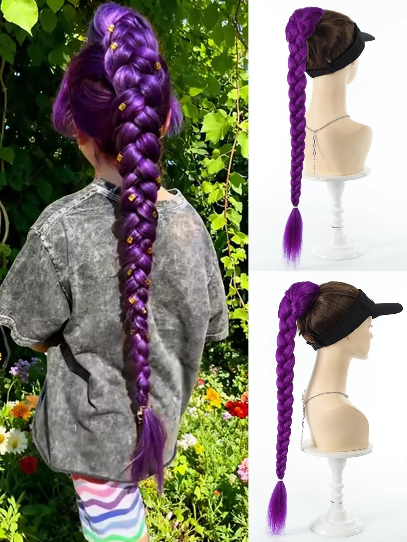Synthetic 26inch Long Ponytail with Clips Braided Purple Hair Ponytail Rumi Costume Hairstyle for Kids Girls Halloween Christmas