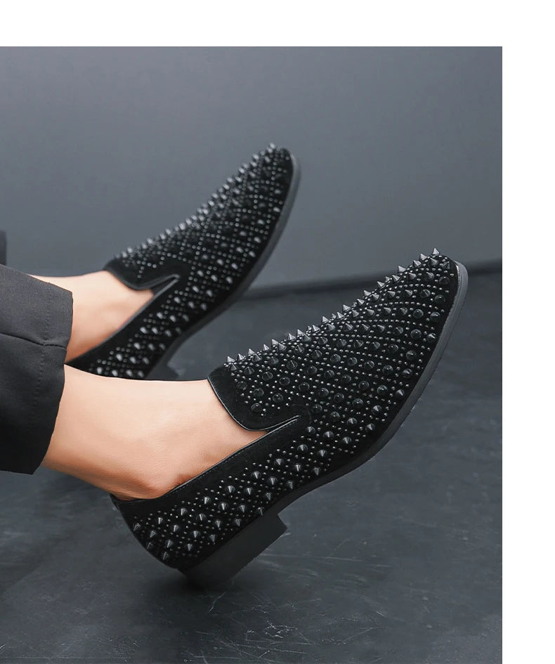 Men's Fashion Suede Leather Rivet Loafers Mens Casual Printed Moccasins Oxfords Wedding Shoes Man Party Driving Flats EU size 47