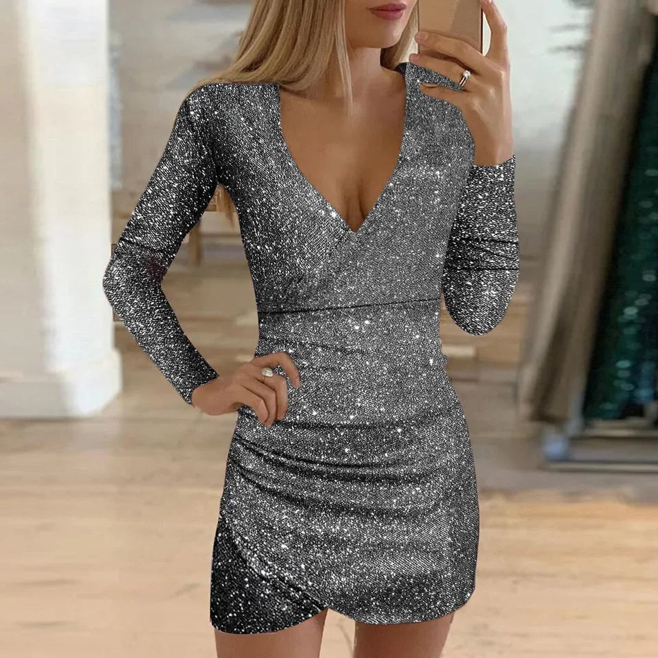 Dresses For Women Sexy Deep V-Neck Sequin Mini Bodycon Dress Long Sleeved Sparkly Prom Gown Elegant Party Evening Dresses