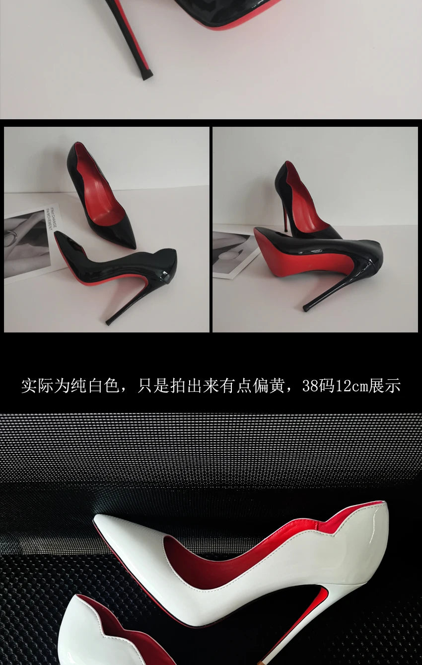 2024 New 12cm Super Shallow Mouth Black Red Sole High Heels Women's Thin Heels Sexy Pointy Large Size Single Shoes