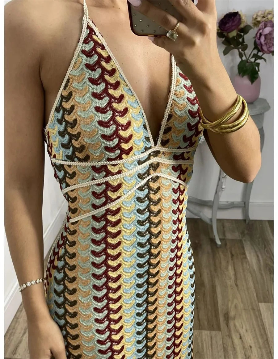 Ladies Deep V Neck Sleeveless Backless Halter Maxi Dress For Party Beach