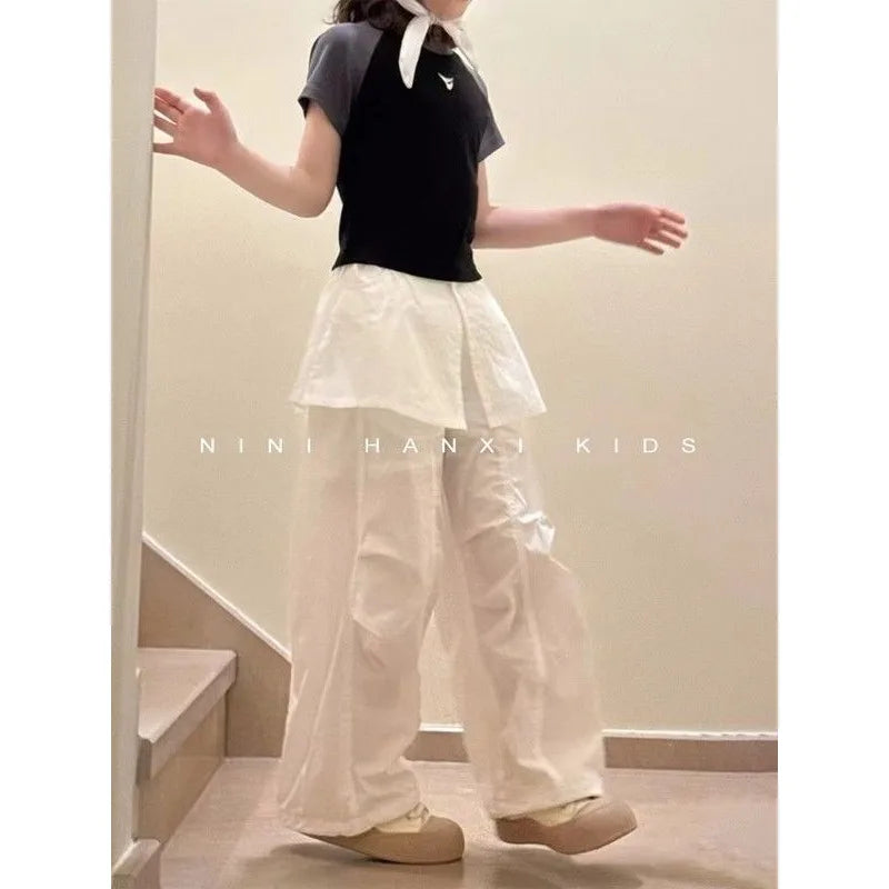 Girls' Trendy Workwear Skirtpants for Summer 2025 Stylish and Versatile, Spliced Fart Curtain Casual Pants for Baby Girls