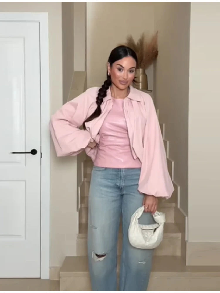 Women's Pink Puff Sleeve Pleated Bomber Jacket Casual Sweet Irregular High Waist Zipper Loose Crop Coat Daily Commute Outerwear