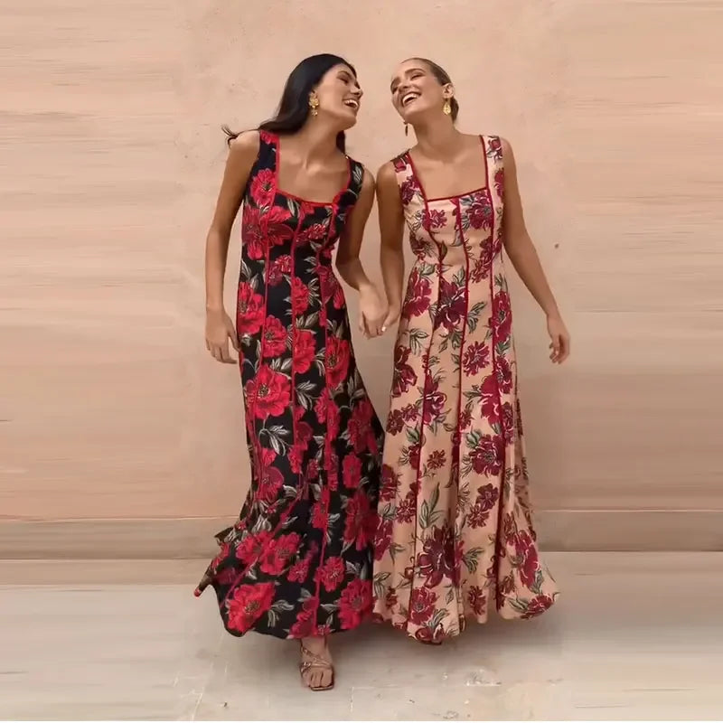 Sexy Printed Flower Long Women's Dress Sleeveless Waist-Closed Slash Neck Lady Dresses Summer Sling Vacation Holiday Robe