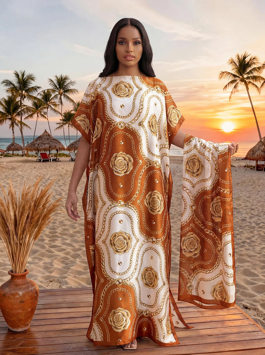 Fashion Summer Print Dress With Big Scarf Dubai Turkey Kaftan Muslim Loose Abaya Women African Casual Paisley Shawl Robe MOOMOO