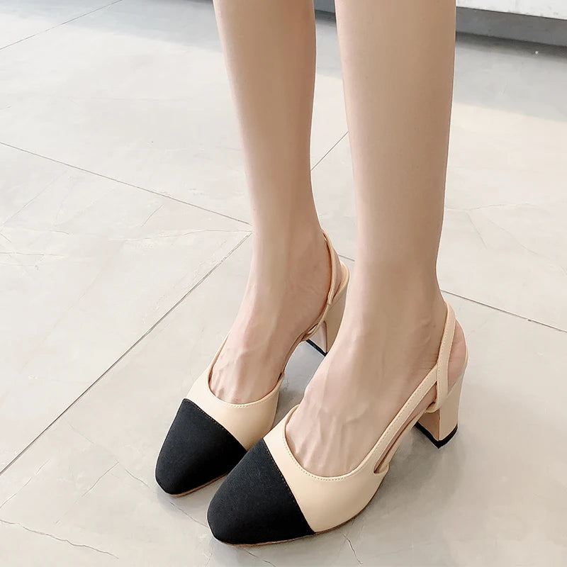 2023Spring Autumn Fashion High Heels Sandals Women's Dress Square Toe Slingback Shoes Women's Color Block Back With Flat Sandals