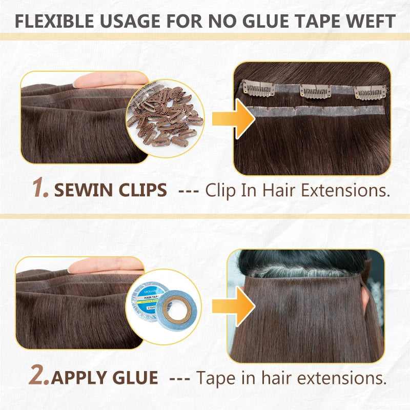 Long Flat Weft Invisible Tape Bundles Human Hair PU Skin Weft Hair Extension Injected Seamless & Glueless Tape On Hair Weft
