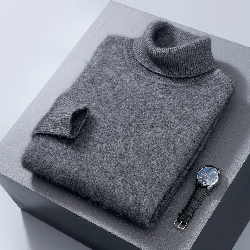 Men's 100% Mink Cashmere Sweater High Lapel Thick Knitted Pullover Casual Large Size Middle-Aged Sweater Autumn Winter New Tops