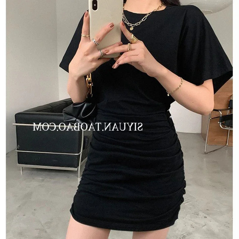2025 Summer Lady Concise Fashion Ruched Wrap Hip Dress Women Solid Color Thin Short Skirts Female Chic Korean Sexy Party Dress