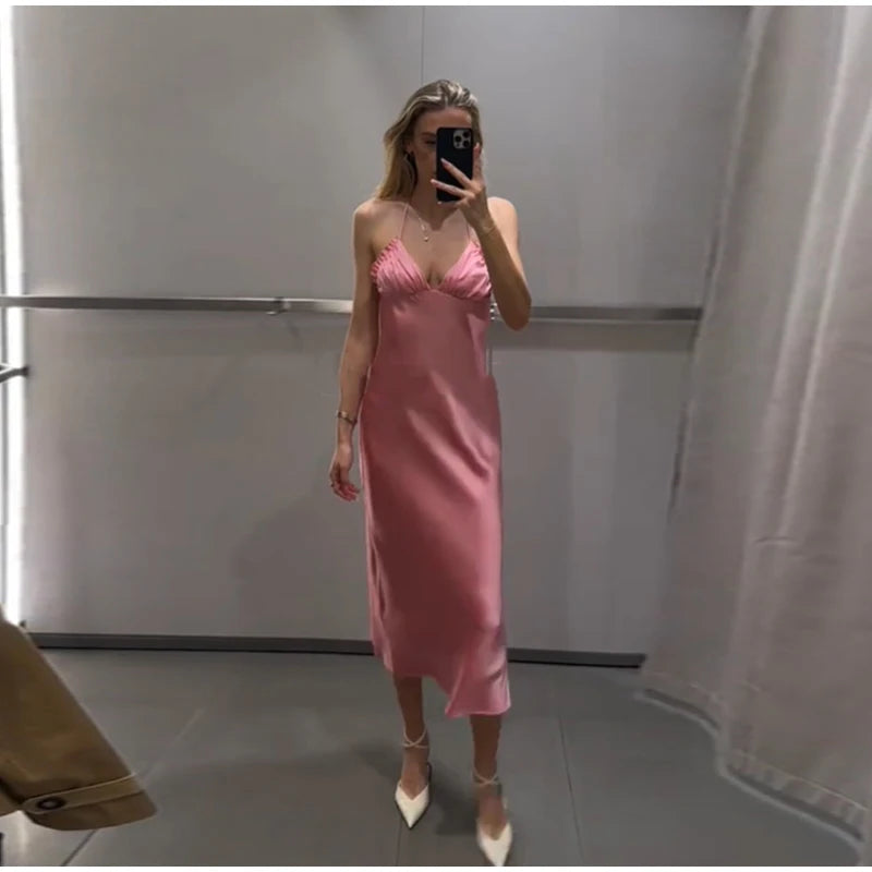 Elegant Satin Pink Women's Long Dresses Fashion Sleeveless Backless Slim Fit Hem Midi Dress Summer Female Holiday Robes 2026