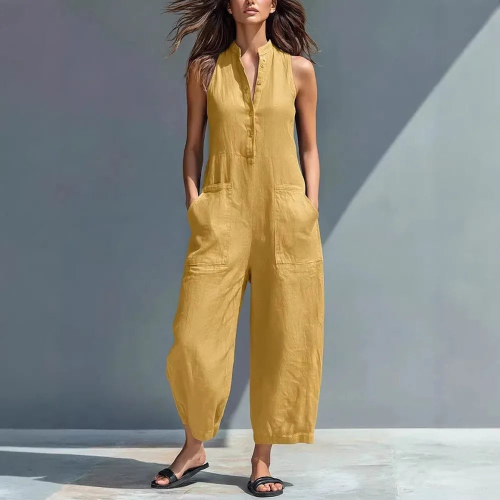 Summer Casual Sleeveless Stand Up Collar Pocket Jumpsuits Women Macacão Feminino Combinaison Femme Monos De Mujer Casuales