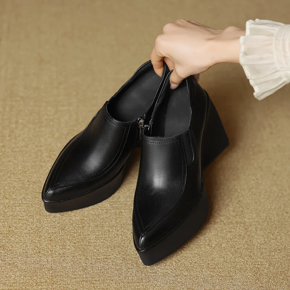 Aucegi New Spring Autumn Women Genuine Leather Pumps Classic Style Pointed Toe Platform Chunky Heel Retro Zipper Handmade Shoes