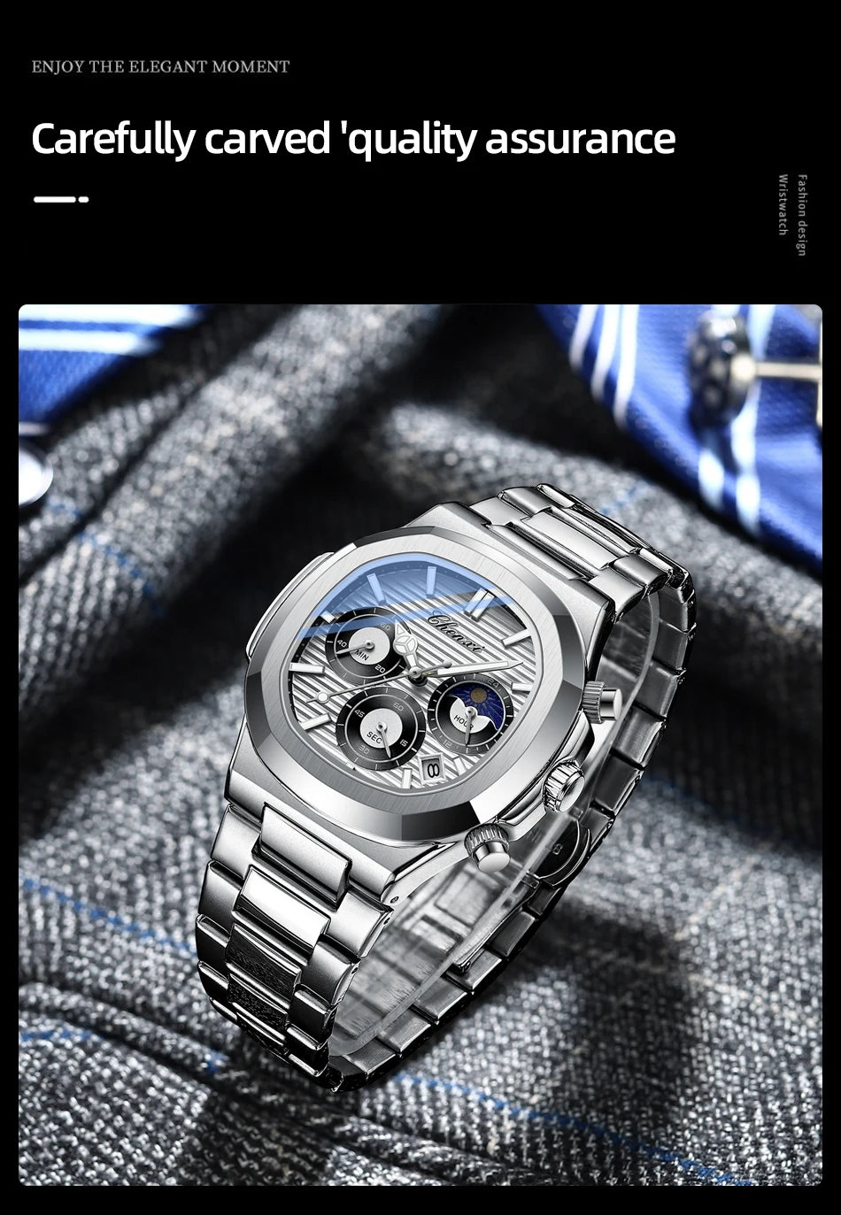 CHENXI Fashion Luxury Men's Watches Stainless Steel Quartz Movement Waterproof Calendar Moon Phase Chronograph Watch for Men