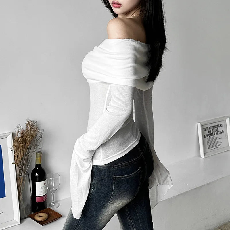 Y2k Aesthetic Women Translucence Tee Shirts Slash Neck Long Sleeve Solid Casual T-Shirts Vintage Off Shoulder Sexy Cute Tshirts