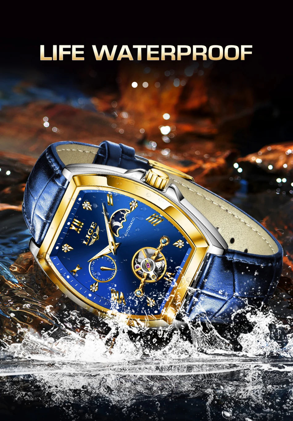 LIGE Luxury Mens Rectangular Dial Mechanical Watches Waterproof Leather Automatic Luminous Watch Business Men relogios masculino
