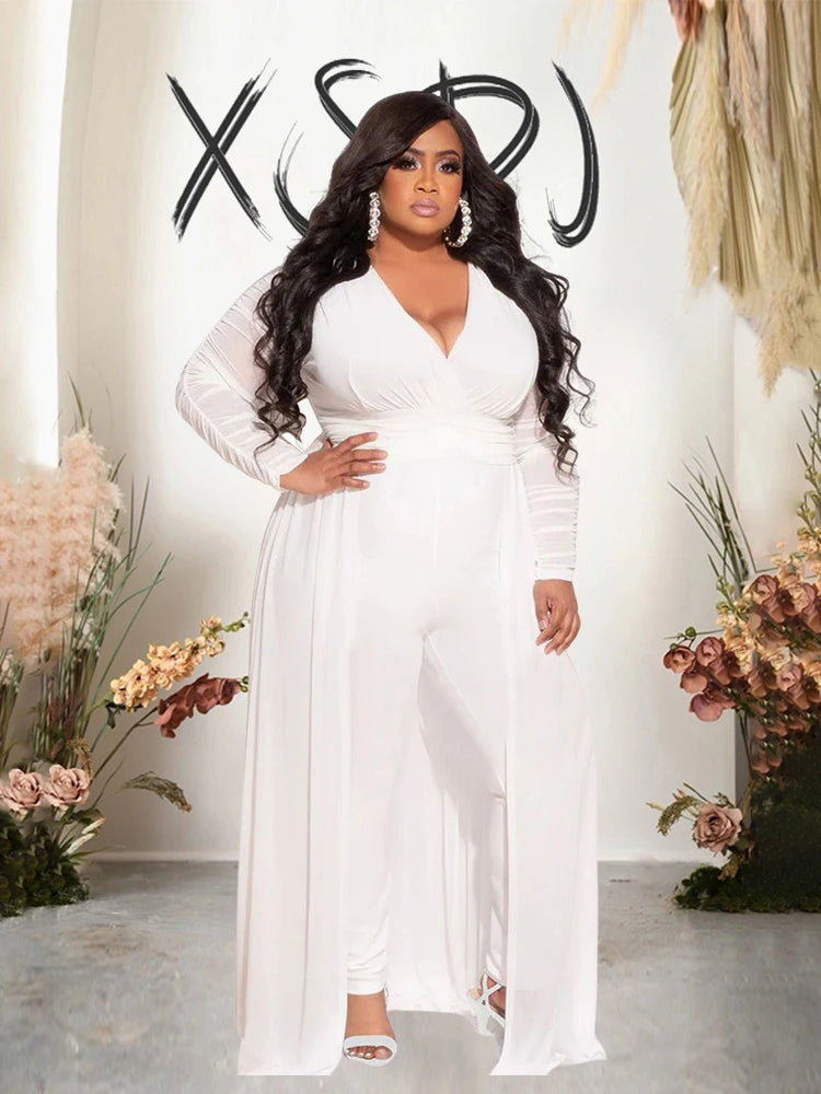 2 Piece Sets Women Outfit Mesh Lace Sleeves Elegant Pants and Blouse Set Sexy Curve Plus Size Clothes Wholesale Dropshipping