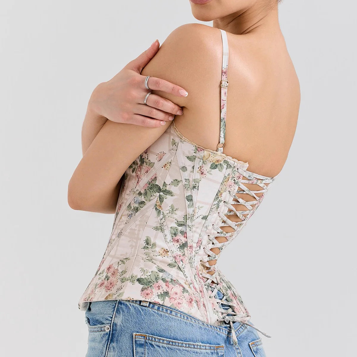 Suninheart Summer Corset Top Sexy 2025 Floral Print Camisole Vest for Women Backless Slim Fit Drawstring Top for Night Club