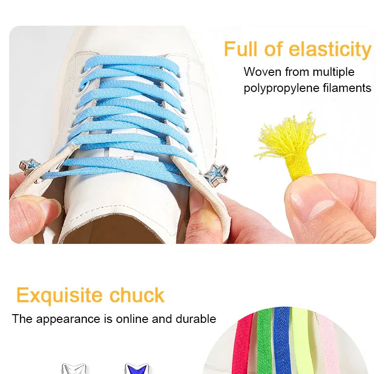Star Diamond No Tie Shoelaces Colorful Rhinestone Metal Buckle Shoe Laces Flat Elastic Shoelace Kids Adult Sport Cute Shoestring