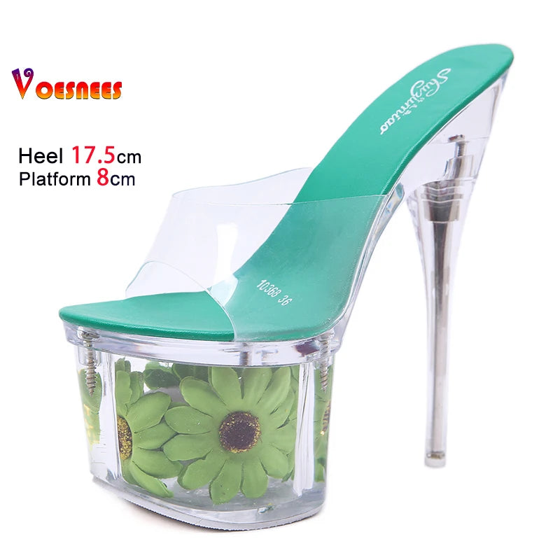 Crystal Transparent Shoes Women 17.5CM Super High Heels Plus Size Nightclub Sandals Clear Thin Heeled Fashion Female Slippers