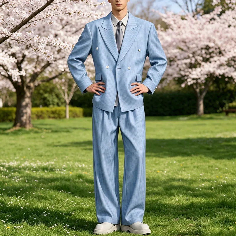 Men's Pinstripe 2-Piece Suit Notch Lapel Jacket Loose Fit Double Breasted Blazer Wide Leg Trousers for Formal Business Casual