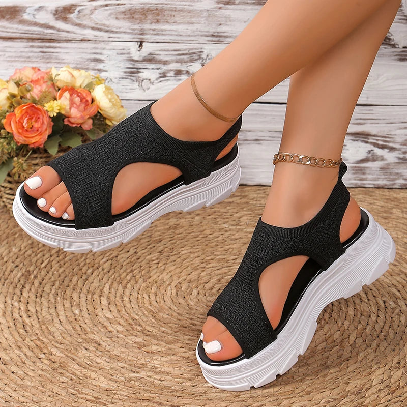 Hollow Out Knit Platform Sandals for Women 2025 Summer Fashion Breathable Sports Sandals Woman Thick Sole Non Slip Walking Shoes