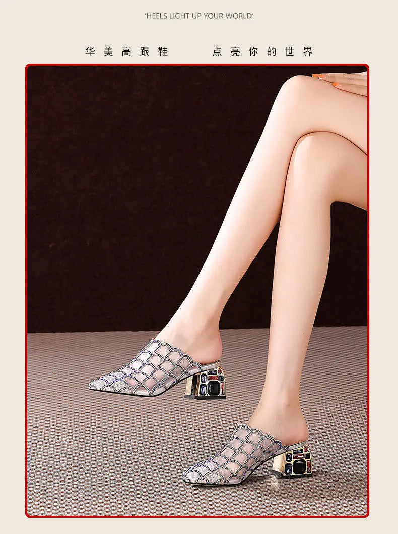 Crystal Half Slippers Female Thick Heels 2023 New Summer Fashion Outside Wear Medium Heel Mesh Cool Female Soft  Baotou Sandals