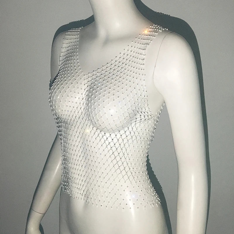 Sexy Shiny Rhinestone Fishnet Women Y2K Tank Tops See Through Crop Top Summer Beach Cover Up Tops Party Nightclub Women Clothing
