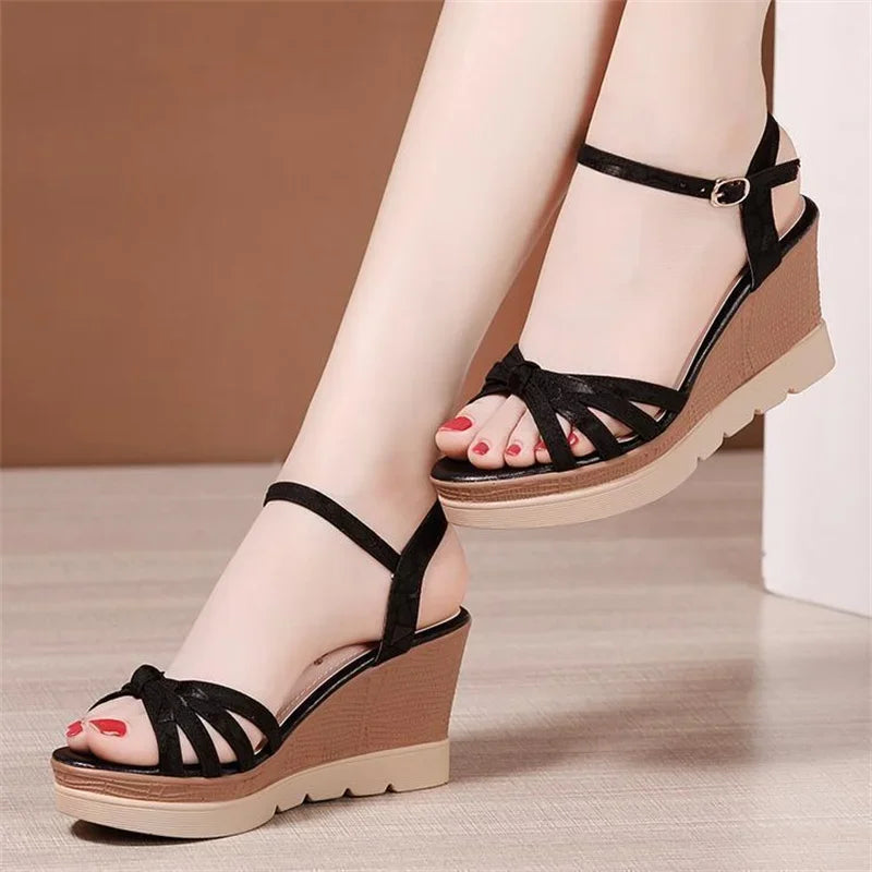 Hot Sale Thick Sole Leather Casual Platform Sandals Women Summer 2026 High Heels Wedges Shoes for Office Beach Mother