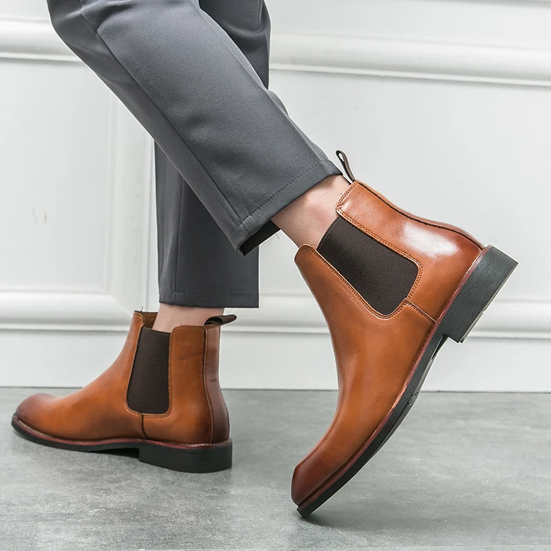 2025 Men's Fashion Chelsea Boots Classic Trendy Soft Leather Upper Non-Slip Rubber Sole Daily Casual Resistant Ankle Dress Boots