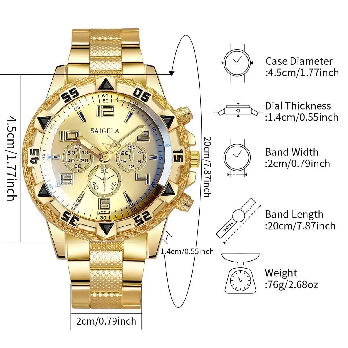 3PCS/Set Fashion Men's Quartz Watch Luxury Large Dial Men Business Watches Necklace Bracelet Set Reloj Hombre（Without Box）