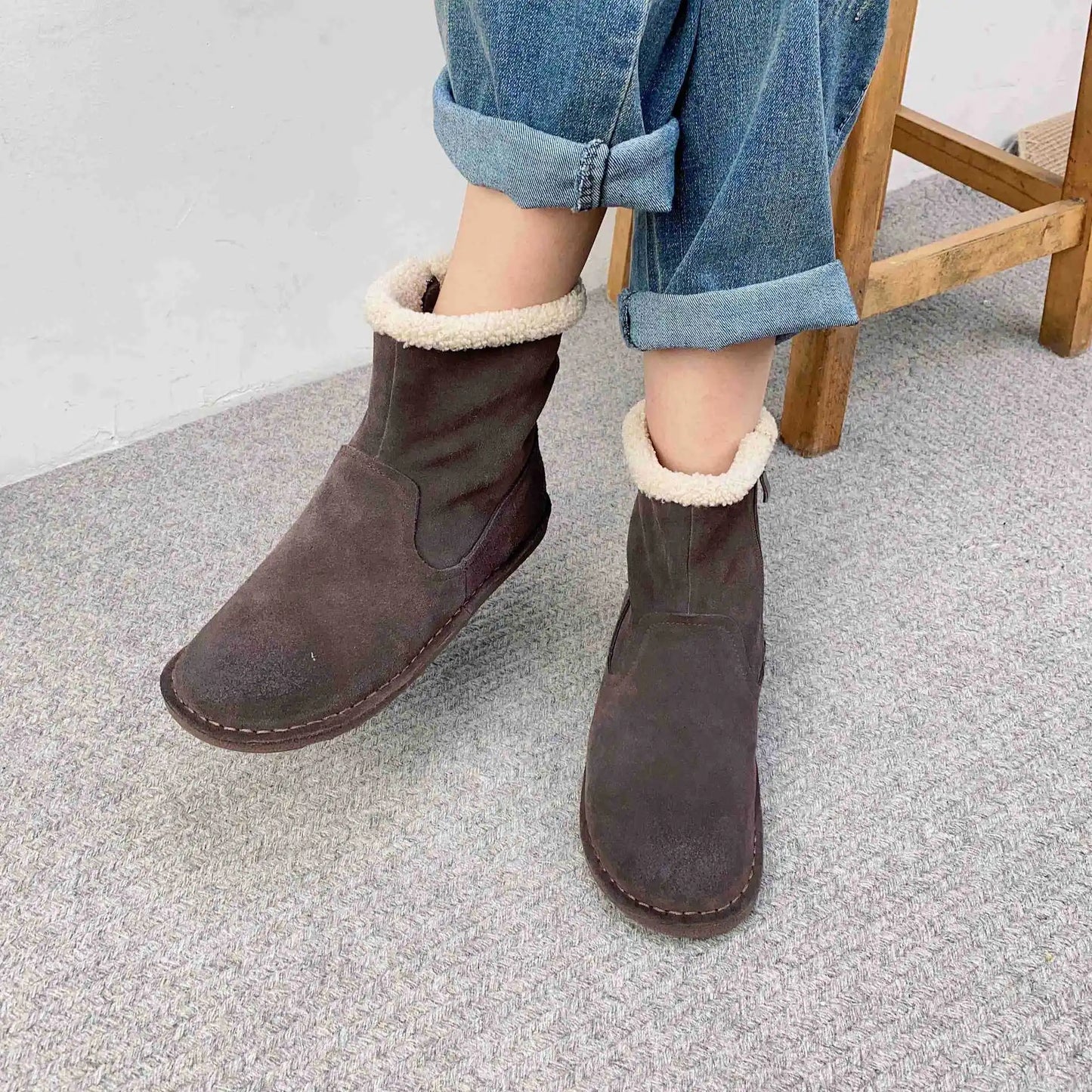 Careaymade-Genuine cow leather Snow cotton round head flats woolen short boots plush warm snow boots Oversized shoes size 35-43