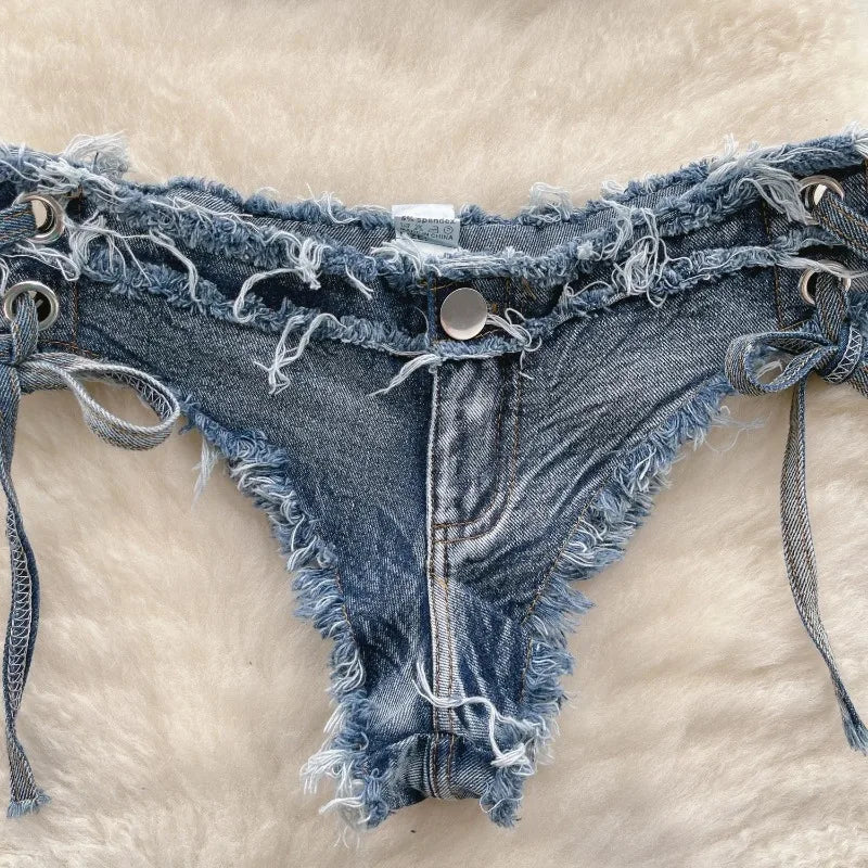 OIINAA Bathing Suit Women Sexy Denim Suits Bikini Set Lace Up Drawstring Beachwear 2025 Solid Summer Vintage Two-pieces Swimwear
