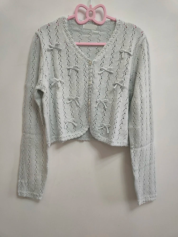 Sweet Knitted Cardigans Women Hand Crochet Bows Decoration Heart Hollow Out Sweaters for Kawaii Girls