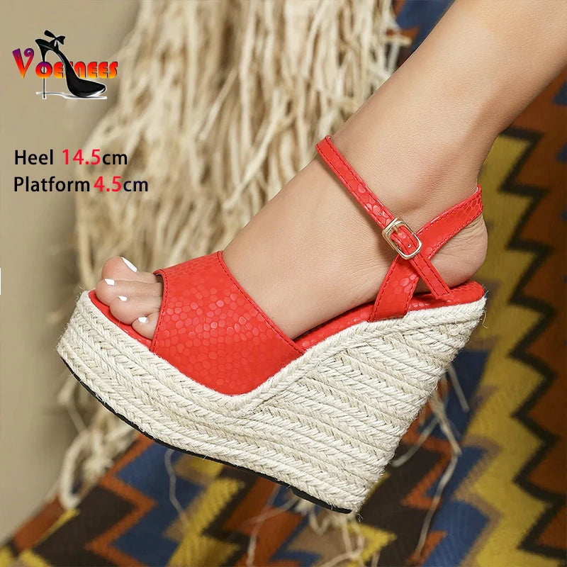Hemp rope Platform Sandals 2024 New Women Wedge Party Shoes Ankle Buckle 14.5CM Comfortable High Heels Sandalies Mujer Plus Size