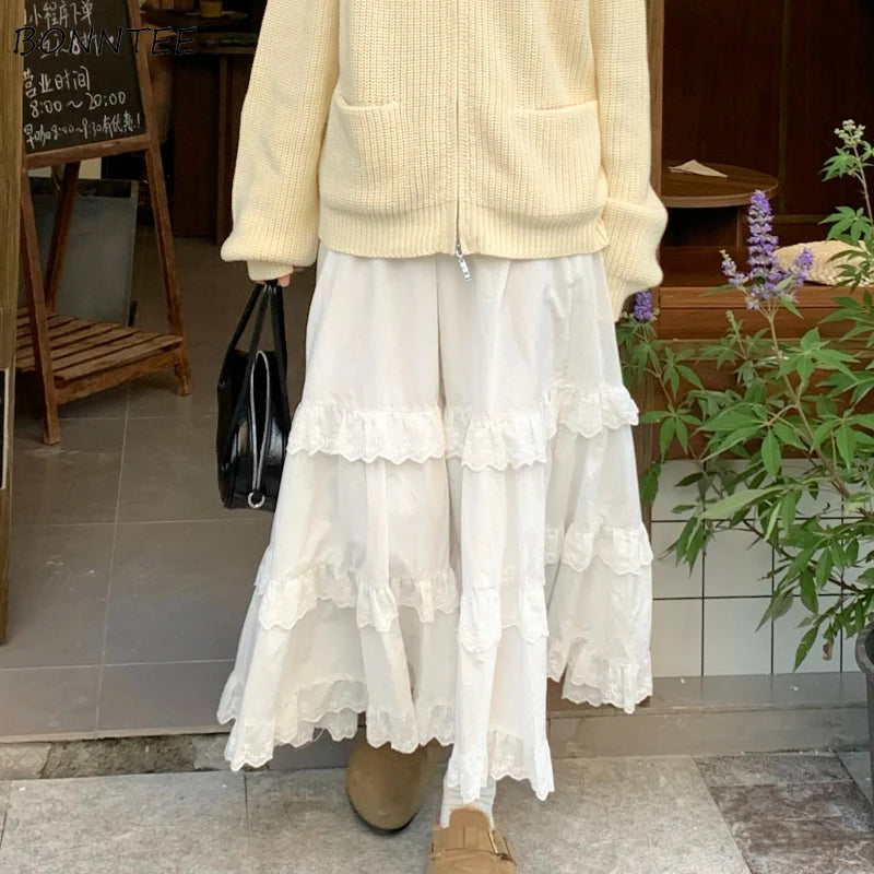 New Fashion 2025 A-line Loose Skirts Woman Korean Style Female Lace Fashion Leisure Spring Ankle-length Skirt Women