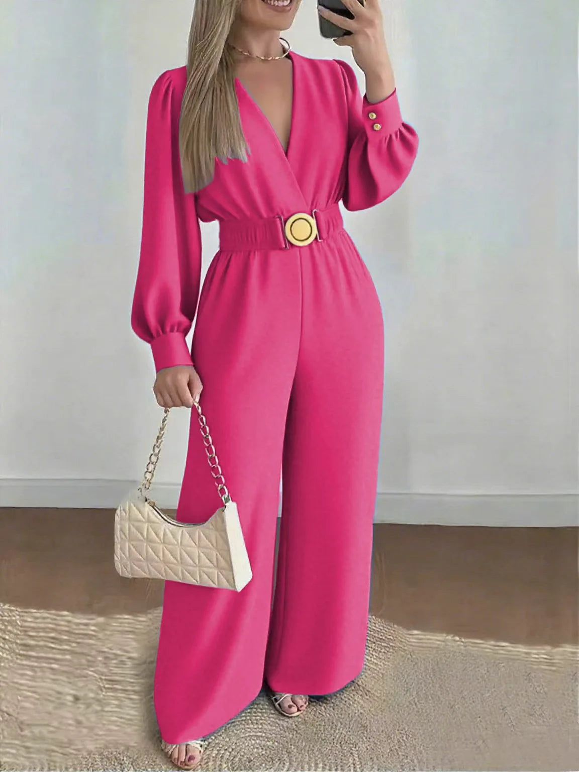 V Neck Solid Long Jumpsuits Fashion Commuting Belt Lace-Up Puff Sleeves Wide Legger Romper Casual Long Sleeve Women's Playsuit