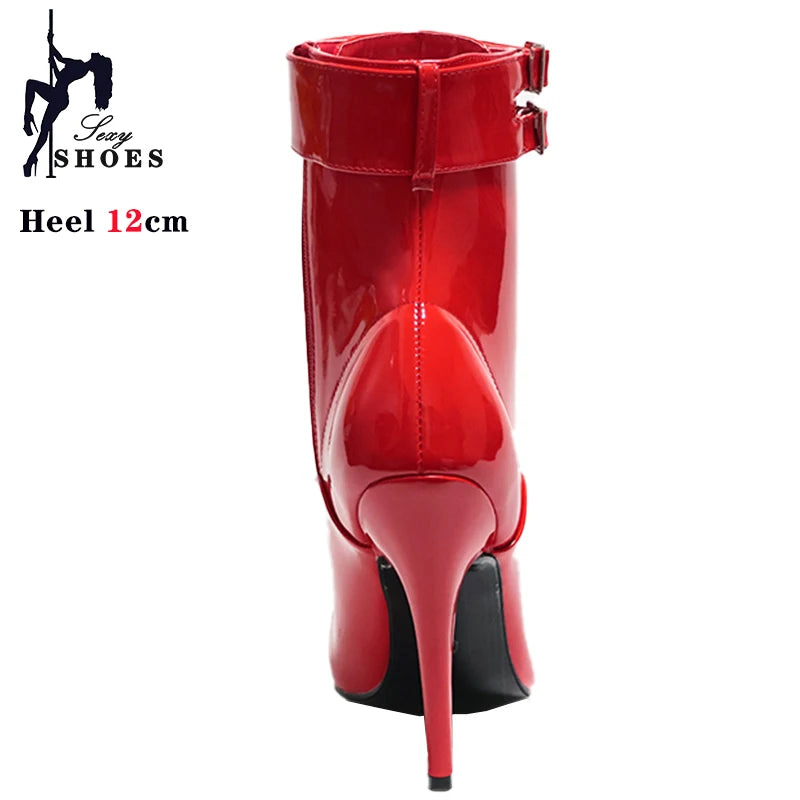 Cross-tied Pink Pointed Toe Ankle Boots 12cm Sexy Fetish Stripper Shoes Patent Leather ZIP Short Boots Women Heels Plus Size 46