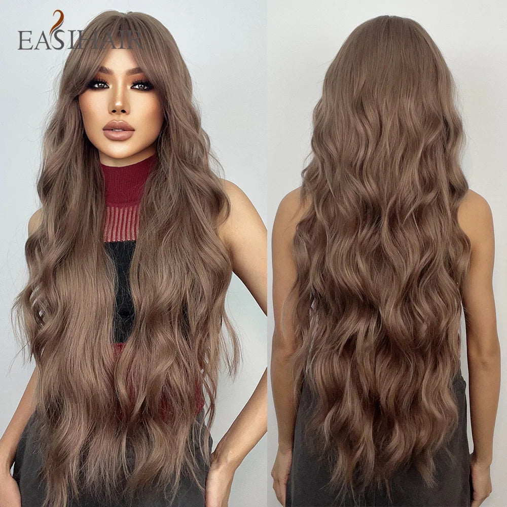EASIHAIR Dark Brown Long Curly Synthetic Wig with Bangs Brown Women's Wigs for Cosplay Daily Use Heat Resistant Natural Hair