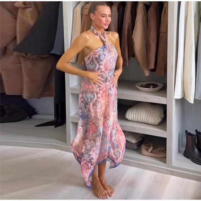 Halter Neck Floral Print Split Set Sleeveless Casual Top Tropical Wrap Slit Maxi Skirt 2026 Summer Bohemian Holiday Women Outfit