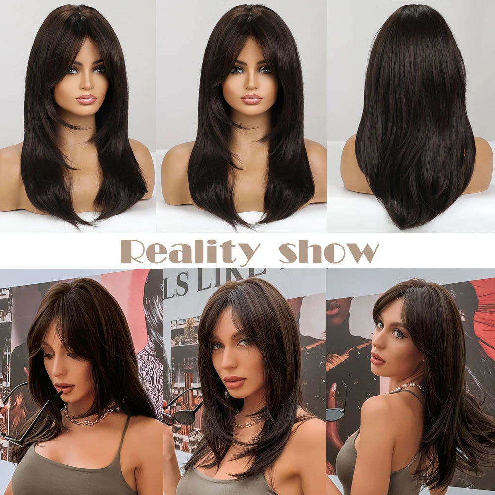 Dark Brown Black Synthetic Wigs Long Straight Layered Wig with Bangs Cosplay Party for Women Afro Natural Heat Resistant Hair
