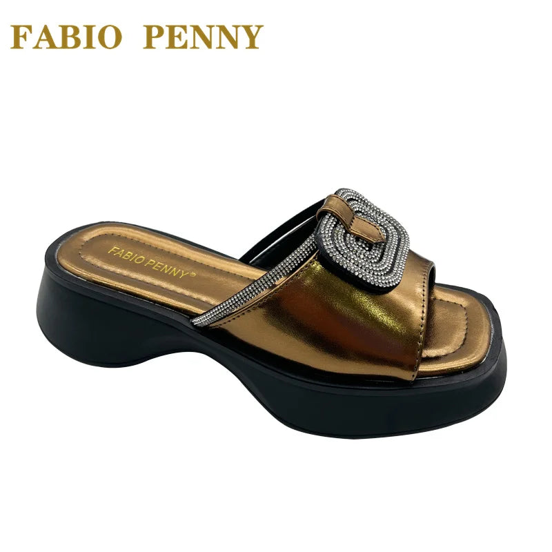 FABIO PENNY2026 new solid-color exquisite water diamond design thick-soled women's fashionable slippers and party sandals