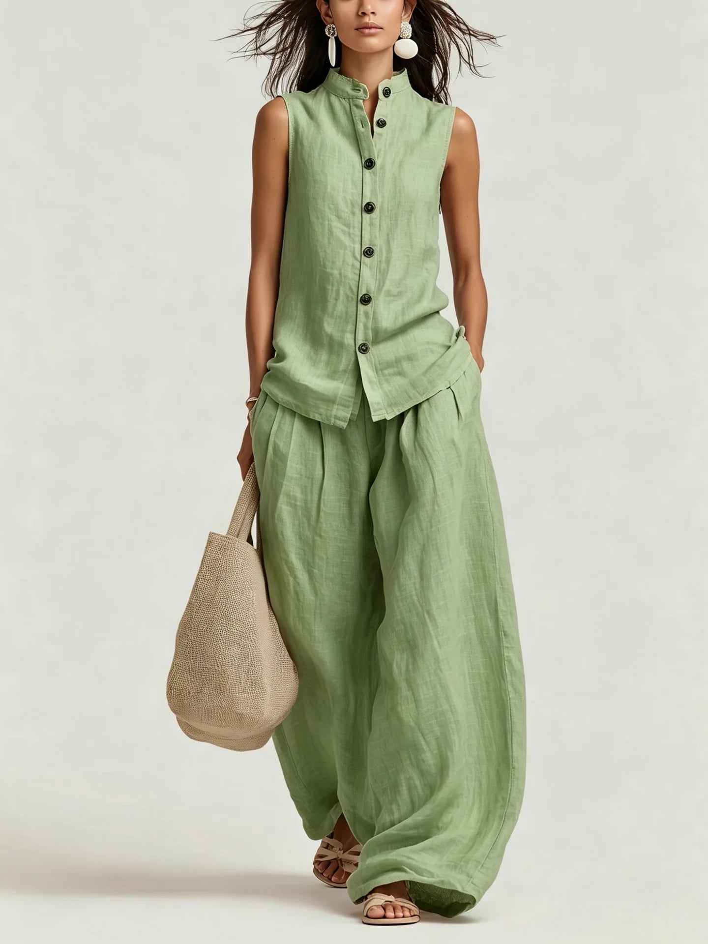 Women's Cotton Linen Vest Top and Long Pants Matching Set Casual Jumpsuit Playsuit