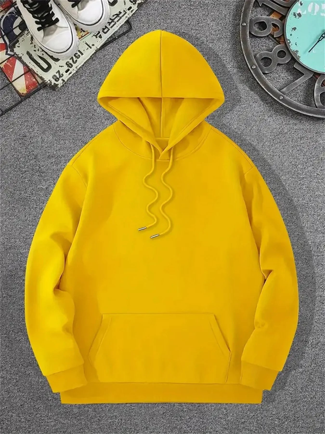Men's autumn and winter casual fashion loose geometric print long sleeved hooded sweatshirt warm pullover BAZAARHUBO